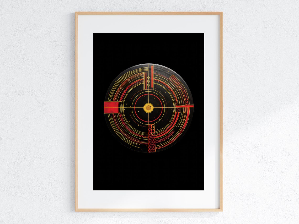 Intricate Red and Gold Circular Geometric Medallion on Black Poster