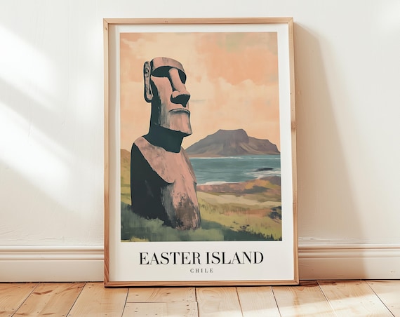 Easter Island Chile Moai Statue Sunset Vintage Travel Poster Decor