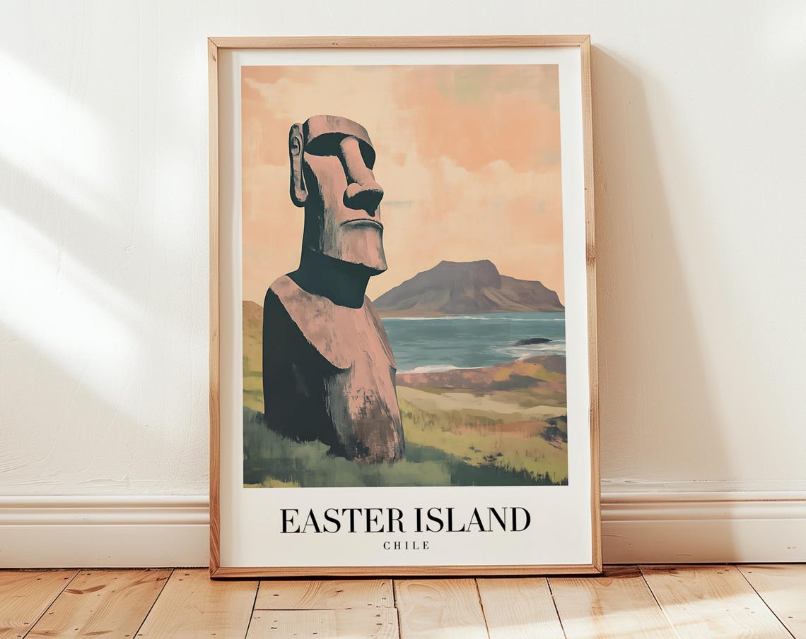 Easter Island Chile Moai Statue Sunset Vintage Travel Poster Decor