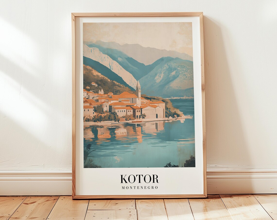 Kotor Montenegro Bay Old Town Mountains Vintage Travel Poster Art