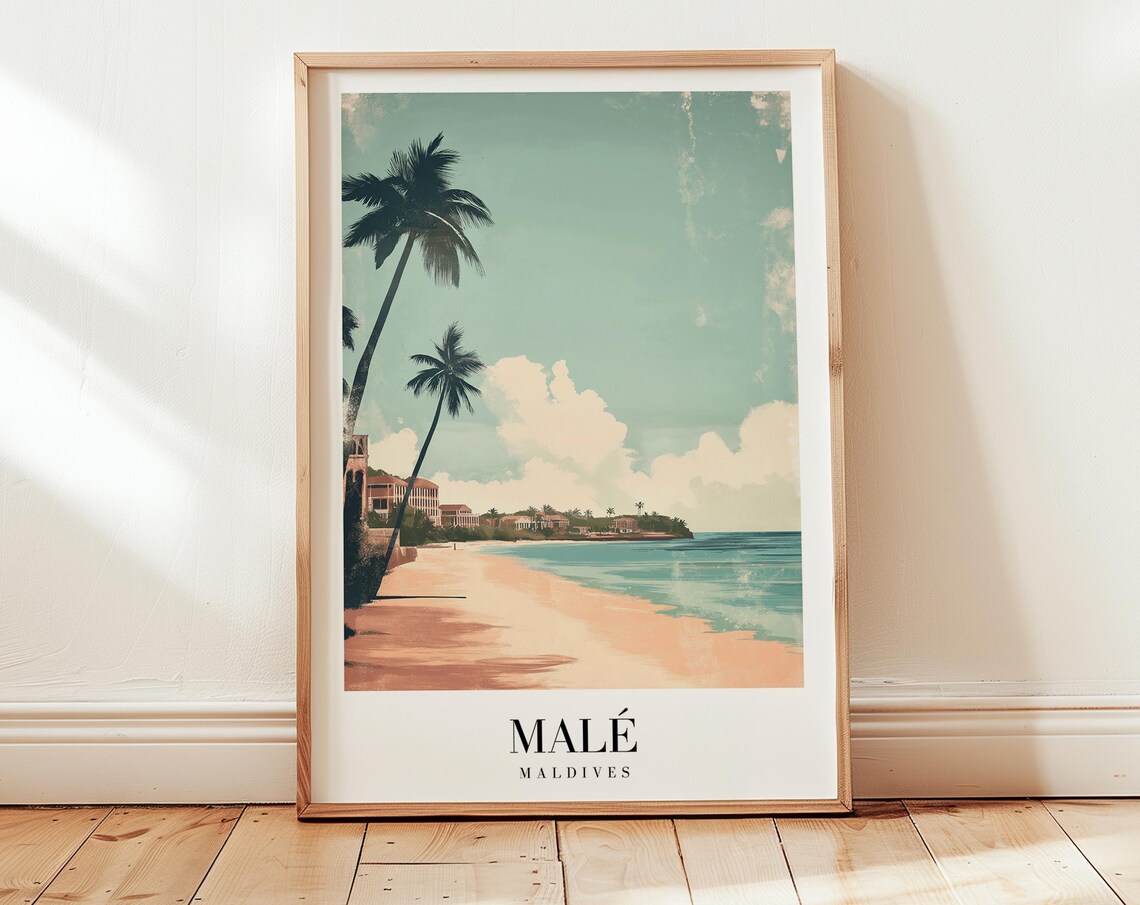 Malé Maldives Tropical Beach Palms Vintage Style Travel Poster