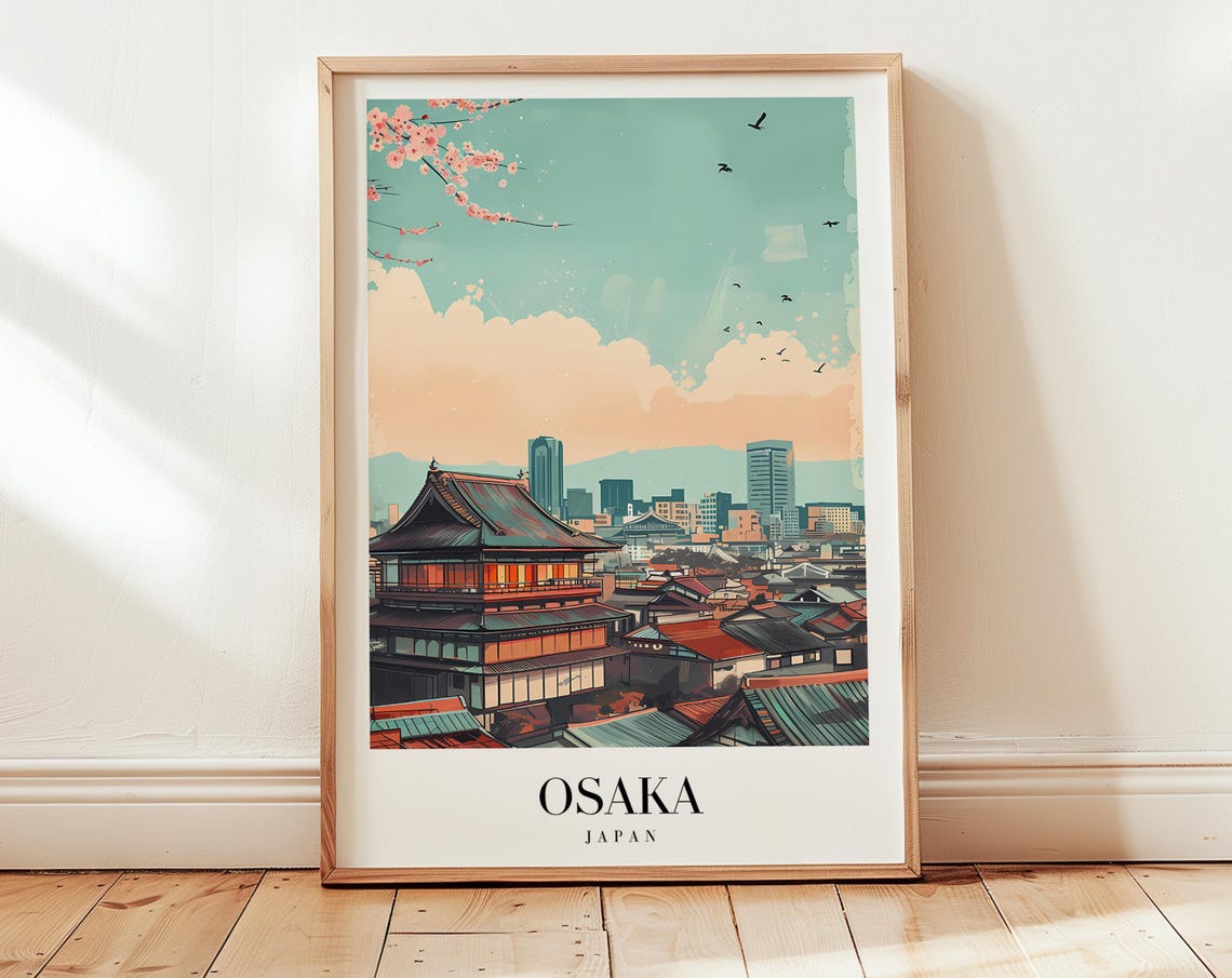 Osaka Japan Castle Cherry Blossoms Minimalist Vintage Travel Poster