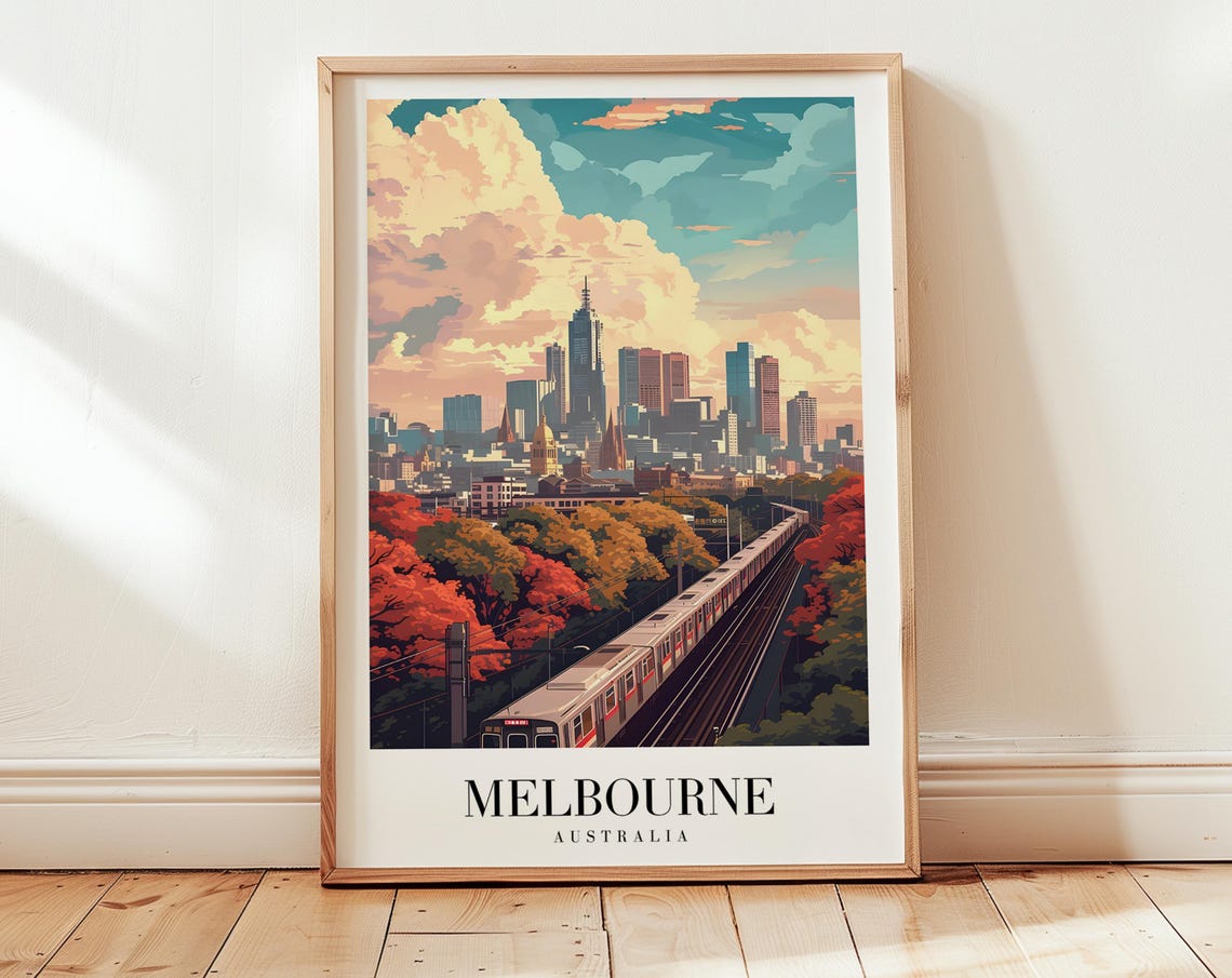 Melbourne Australia City Skyline Train Autumn Trees Travel Poster