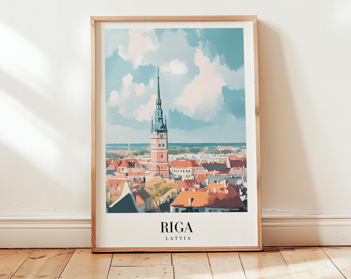 Riga Latvia Old Town Church Spire Rooftops Vintage Travel Poster