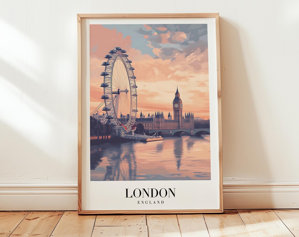 London England London Eye Thames Sunset Vintage Travel Poster Decor