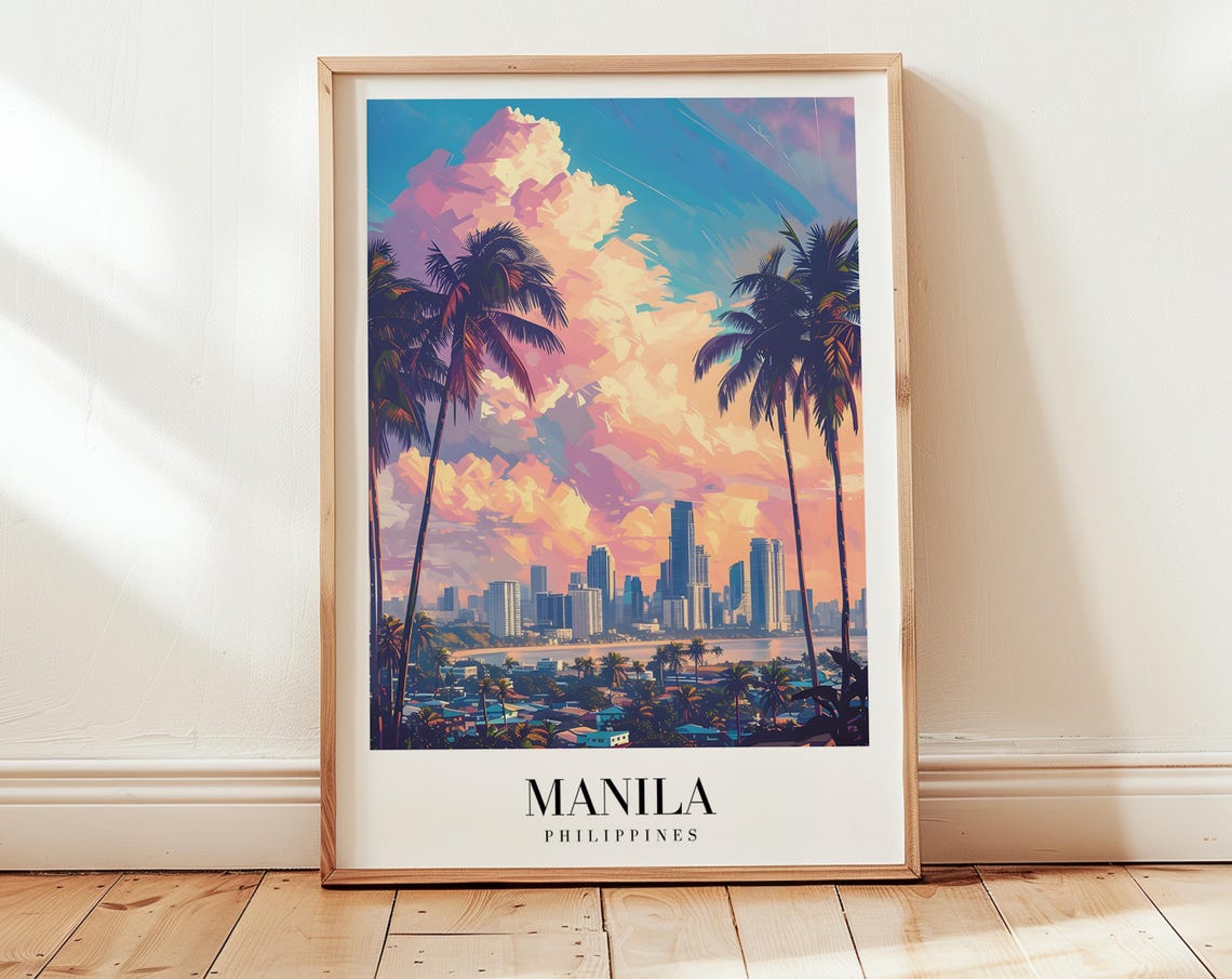 Manila Philippines Skyline Palm Trees Sunset Bay Retro Travel Poster
