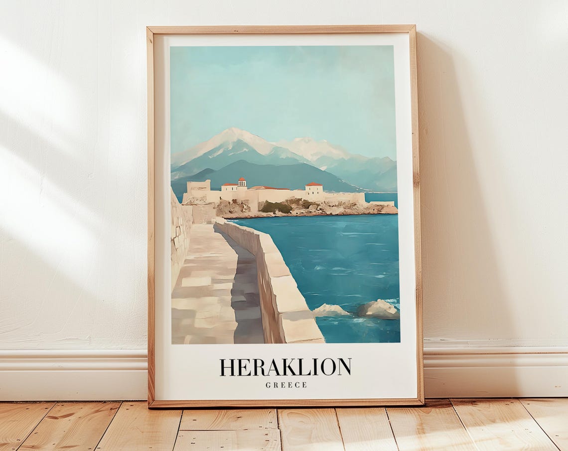 Heraklion Greece Venetian Harbor Fortress Vintage Travel Poster
