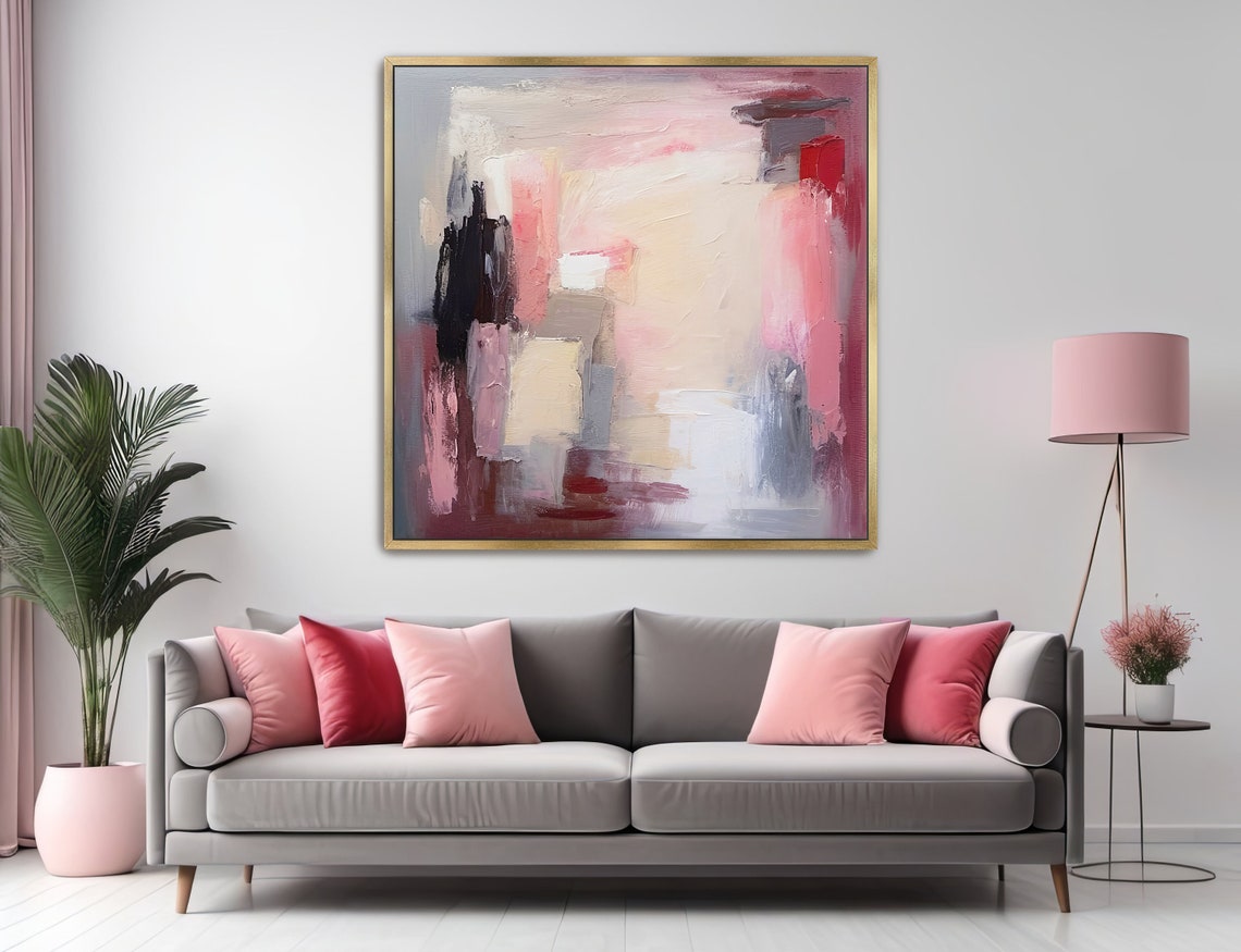 Hand Painted Abstract Acrylic Painting Large Artwork Modern Wall Art Pink Beige Gray Textured Framed Wall Decor Abstract Realms - Image 4
