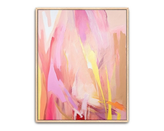 Hand Painted Abstract Acrylic Painting Large Artwork Wall Art Pink Beige Orange Yellow Tan Neutral Coral Textured Framed Wall Decor