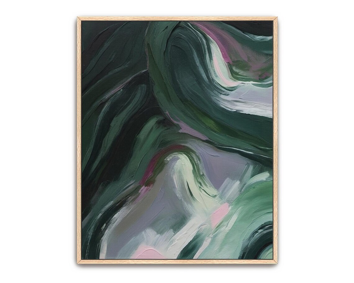 Hand Painted Abstract Acrylic Painting Large Artwork Wall Art Dark Green Turquoise Teal Forest Waves Textured Framed Wall Decor