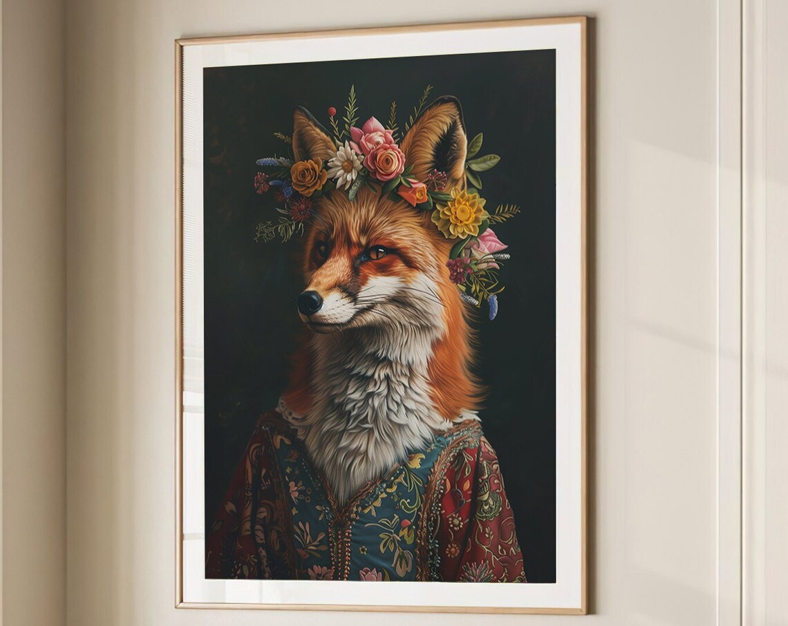 Fox Flower Crown Dark Baroque Portrait Vintage Animal Poster
