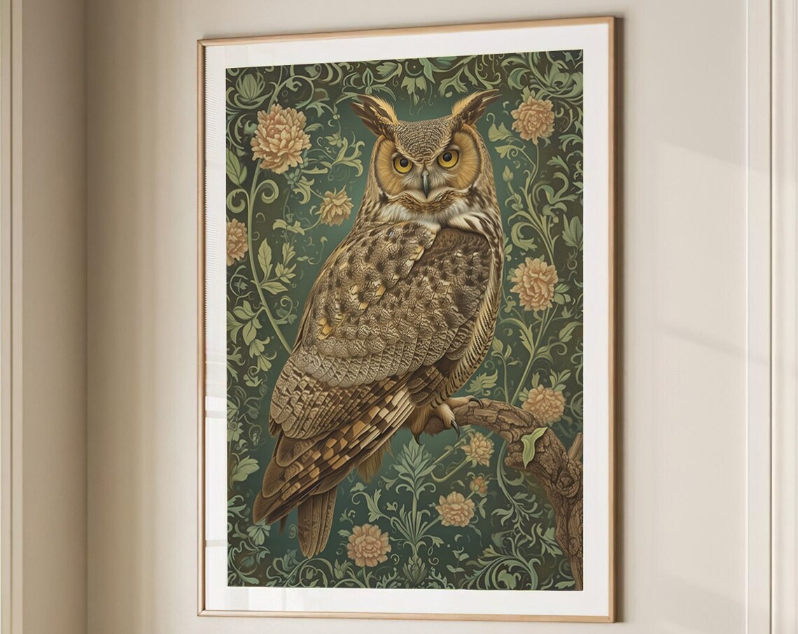 Vintage Great Horned Owl On Branch In Green Floral Garden Poster - Image 5