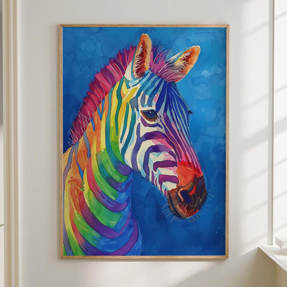 Rainbow Zebra Head Portrait Blue Watercolor Background Poster