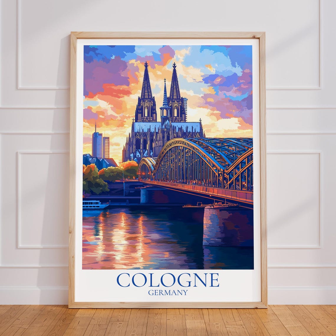 Cologne Germany Cathedral Sunset Over Rhine River Bridge Poster