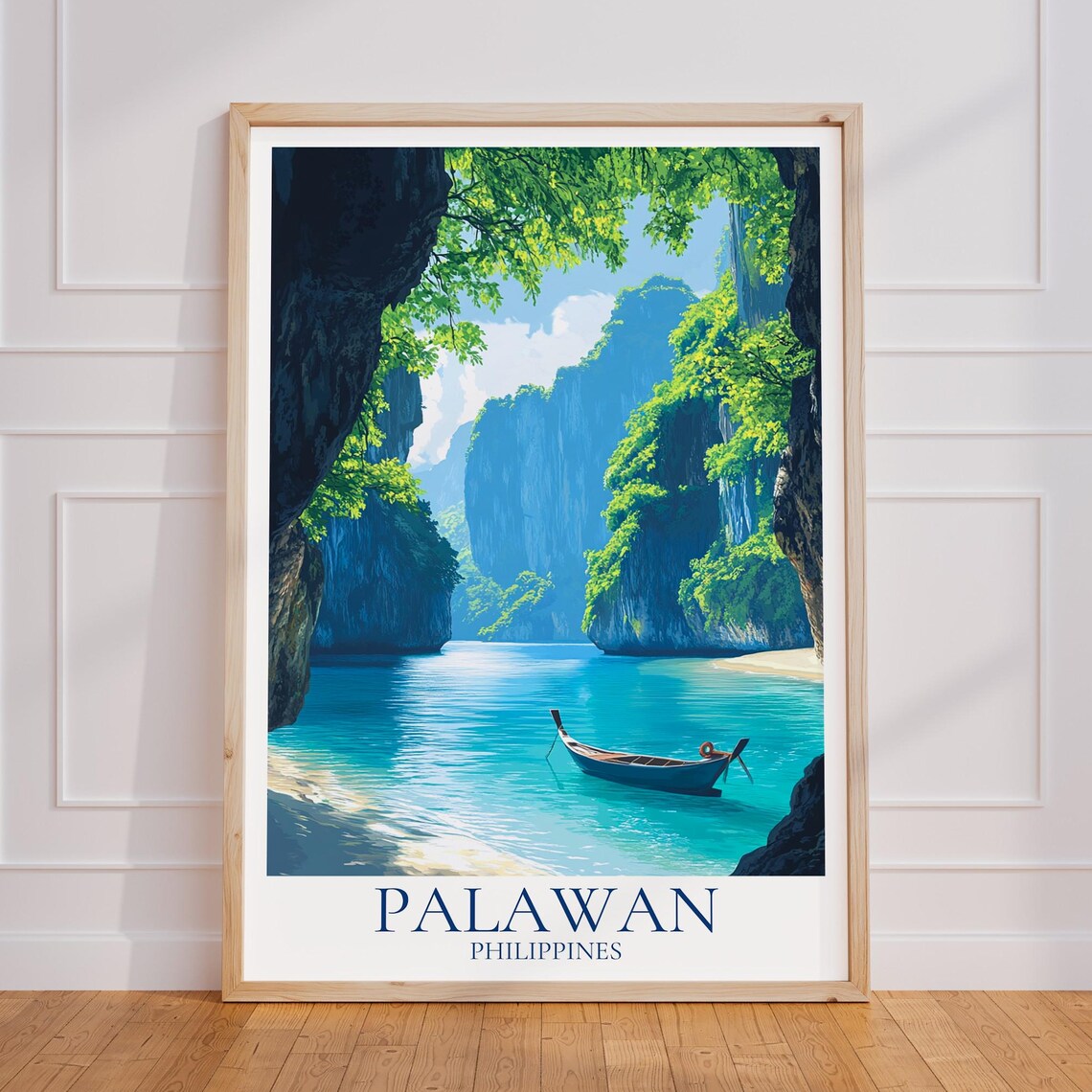 Palawan Philippines Lagoon Poster Limestone Cliffs Boat Travel Art