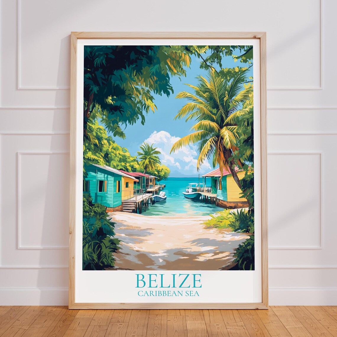 Belize Caribbean Sea Overwater Stilt Huts Village Travel Poster
