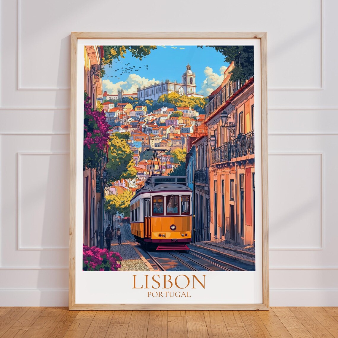 Lisbon Portugal Yellow Tram Street Hill Vintage Travel Poster