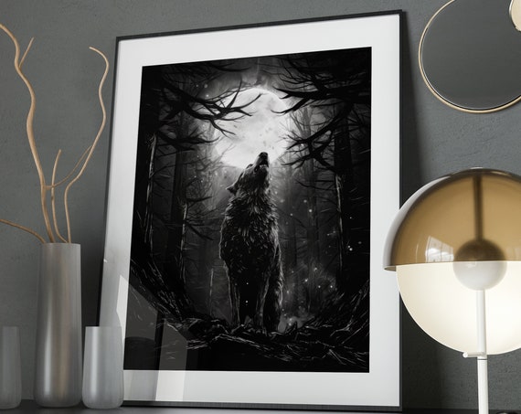 Etching Style Wolf Print, Dark Fantasy Gothic Art