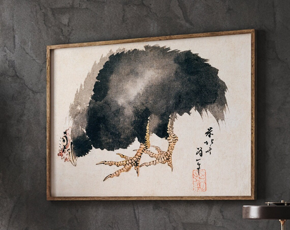 Hokusai Chicken Poster Japanese Ink Woodblock Black Rooster Art Study