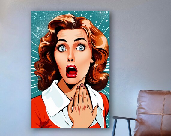 Pop Art Stunned Redhead Woman Teal Starburst Comic Retro Bold Poster