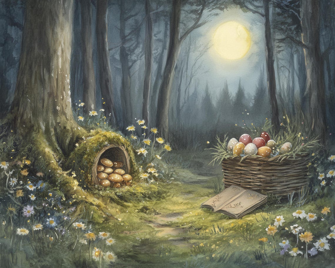 Moonlit Easter Forest With Painted Egg Basket Whimsical Poster - Image 3