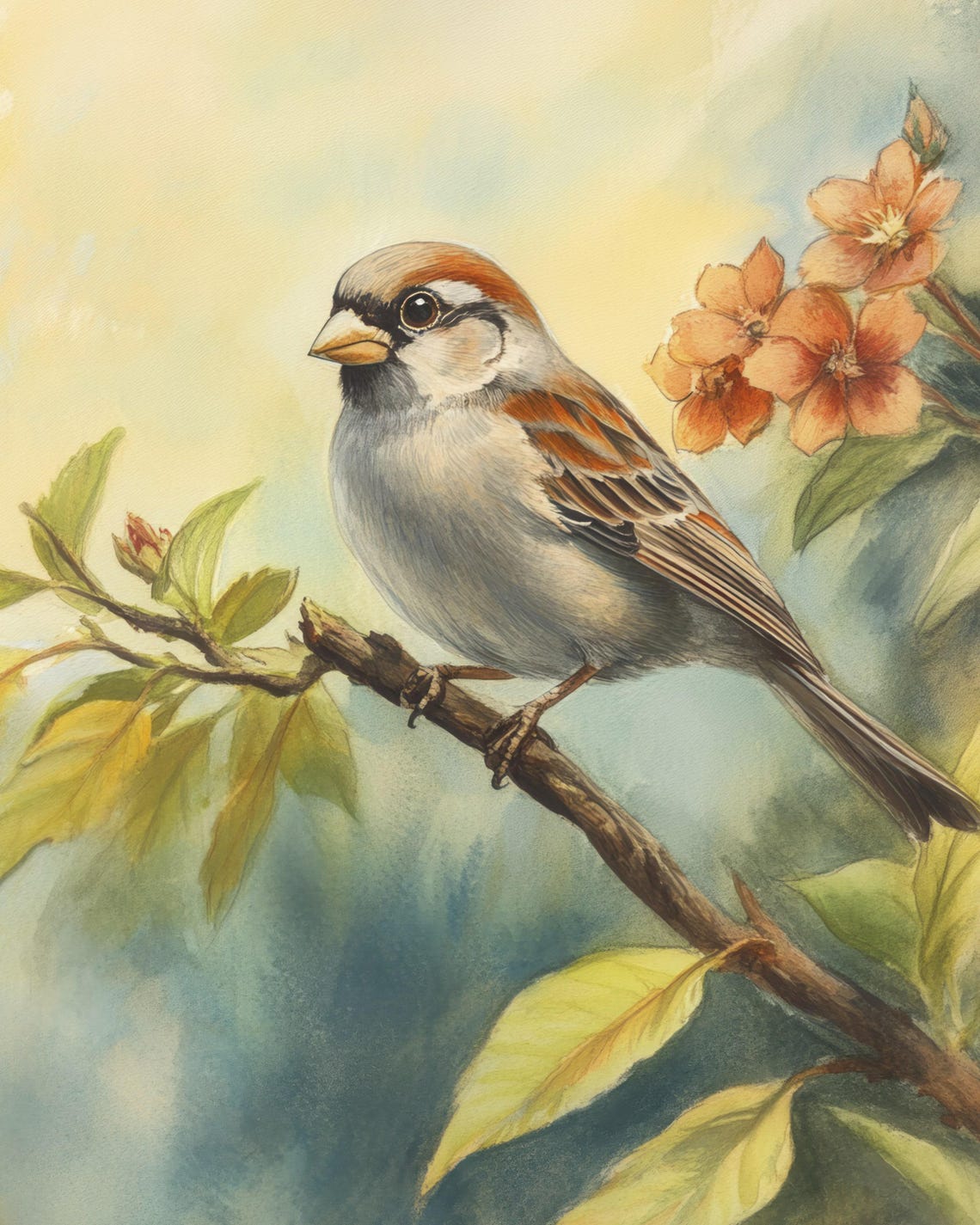 Watercolor Sparrow On Branch With Pink Spring Blossoms Poster - Image 3