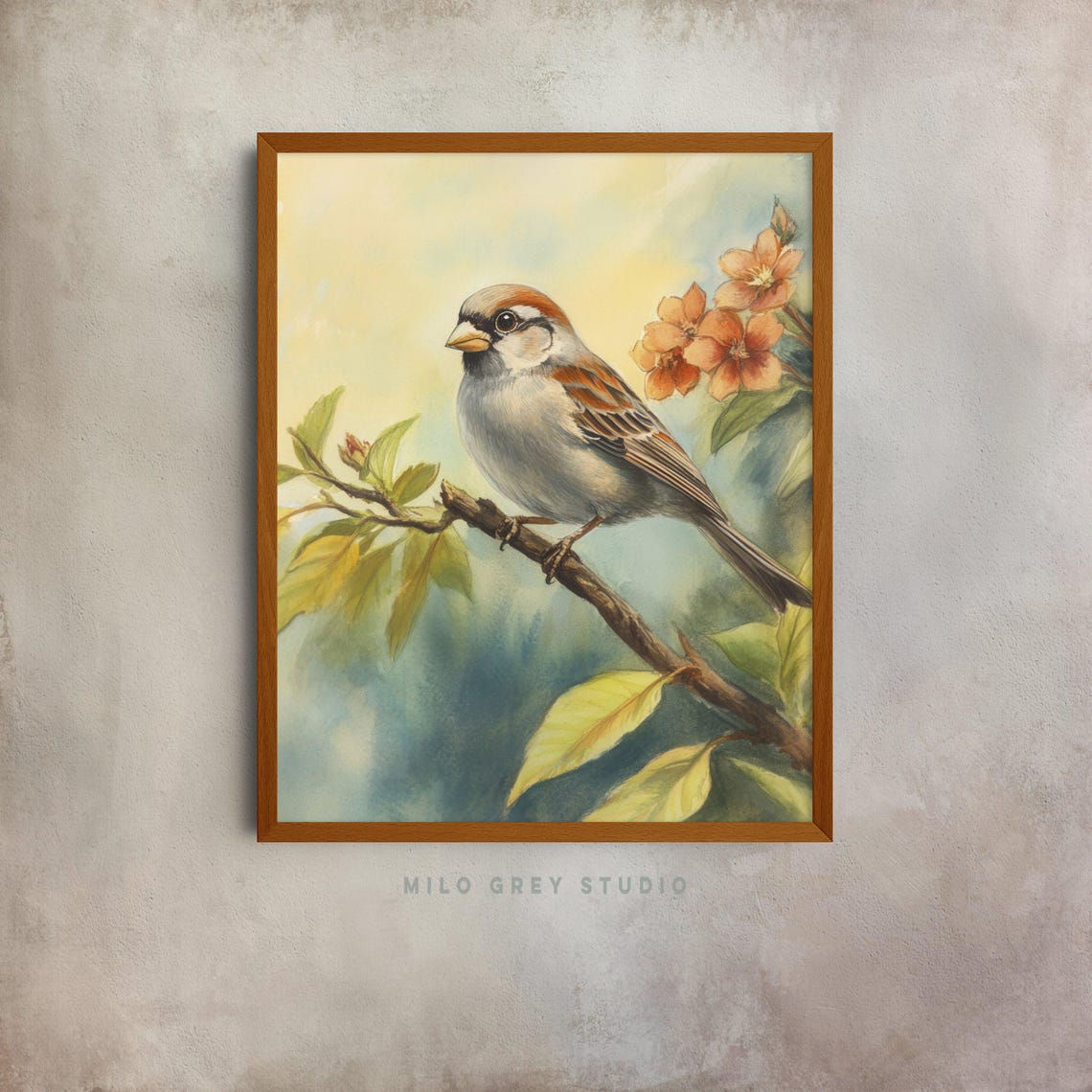 Watercolor Sparrow On Branch With Pink Spring Blossoms Poster