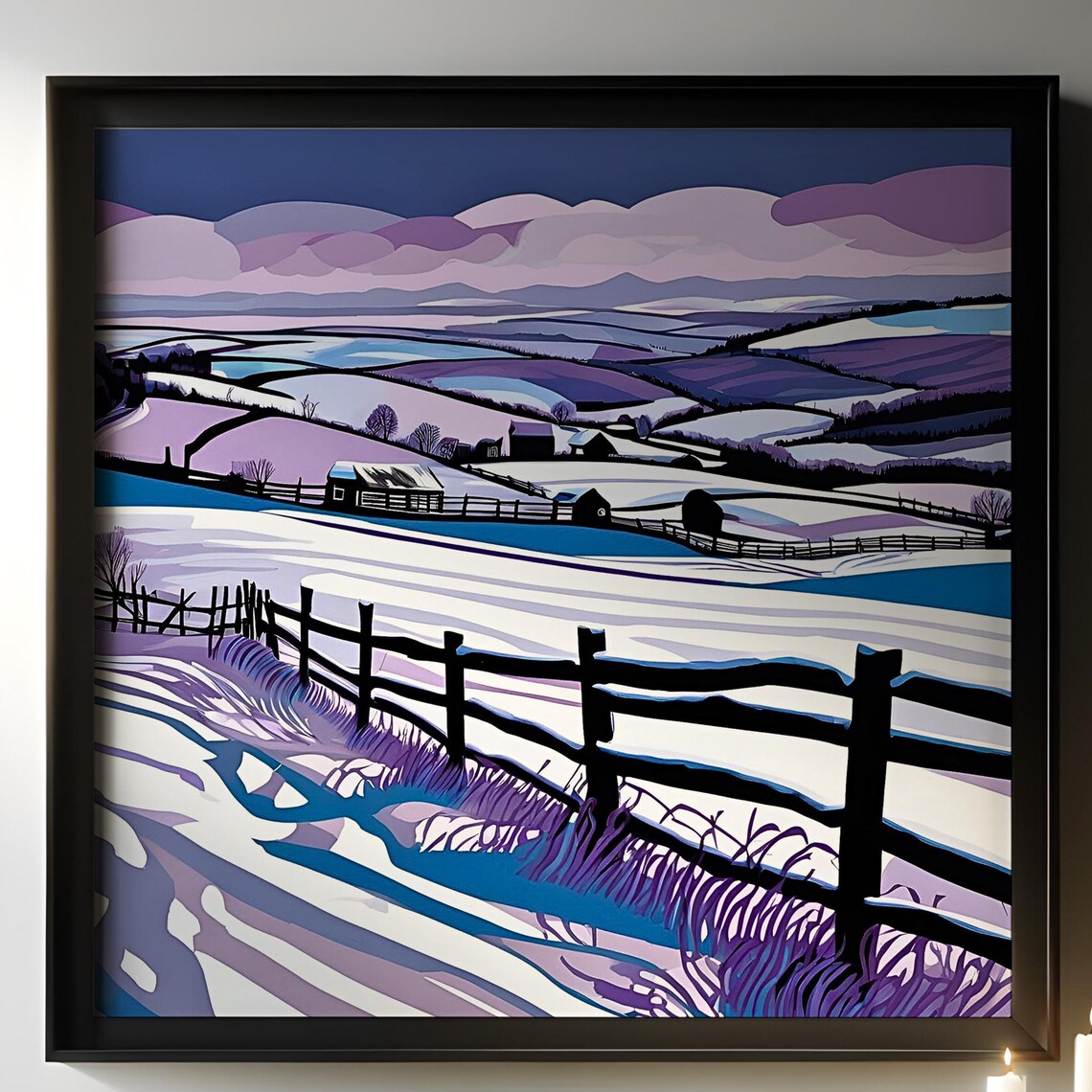 Purple Winter Countryside Snowy Barn Fences Geometric Poster