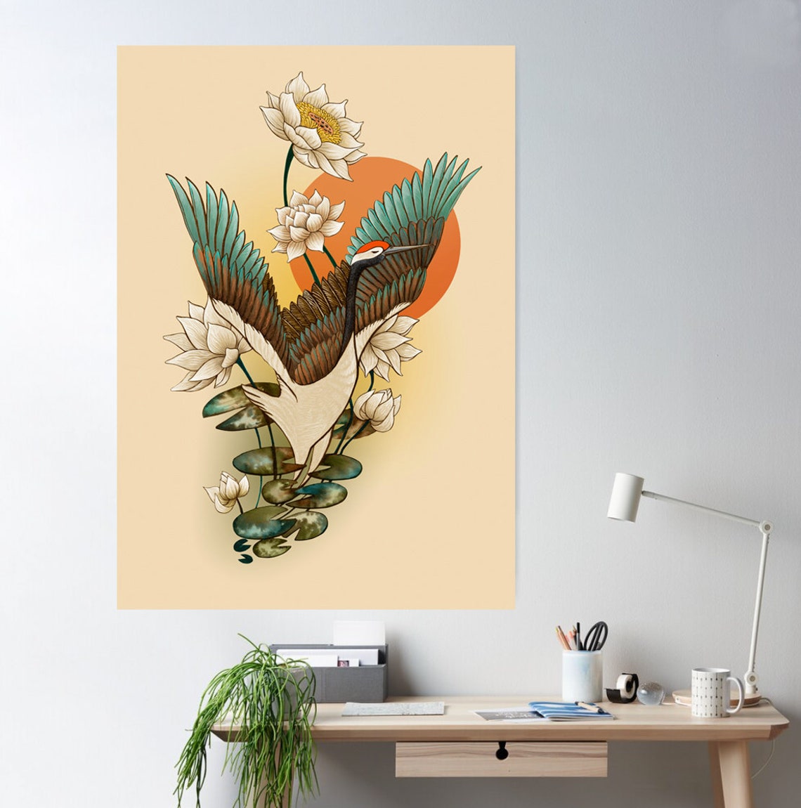 Red Crowned Crane Japanese Style Lotus Flower Orange Sun Art Poster - Image 3