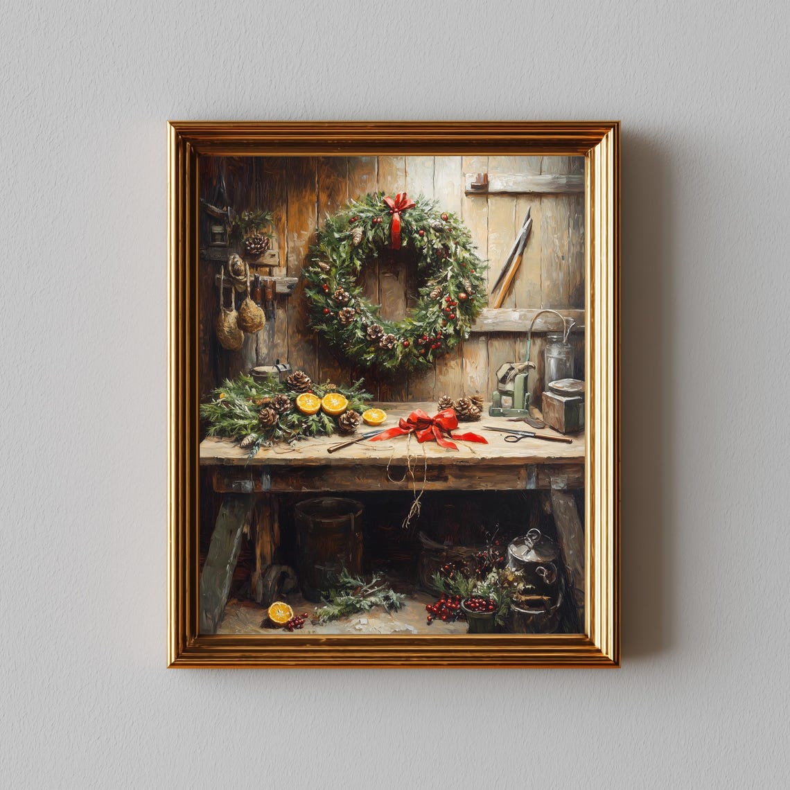 Rustic Christmas Wreath Making on Wooden Workbench Holiday Wall Art