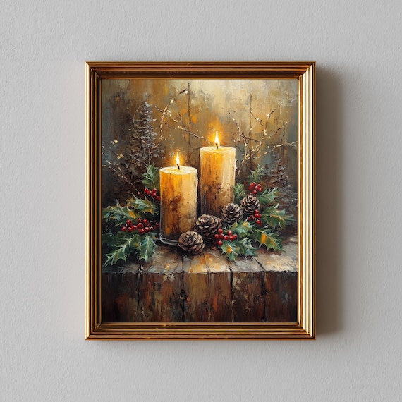 Christmas Candle Scene Poster Glowing Candles Pine And Berry