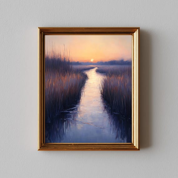 Serene River At Sunset Painting Wall Art Rustic Landscape Calm Waters Scene Peaceful Nature Decor Oil Print 226