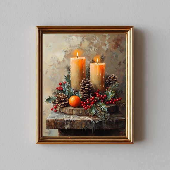 Rustic Christmas Candlelit Still Life Pinecone Holly Art Print