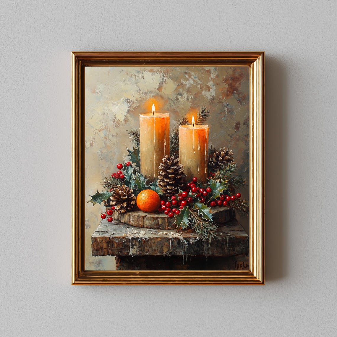 Rustic Christmas Candlelit Still Life Pinecone Holly Art Print