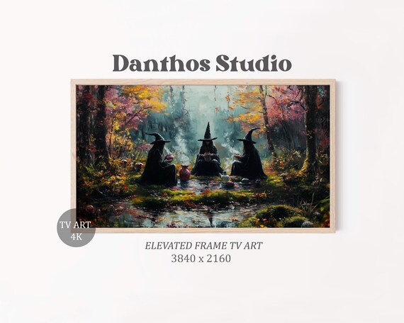 Spooky Witch Trio Frame Tv Art Autumnal Potion Scene Mystical Painting For Dark Halloween Decor Instant 25