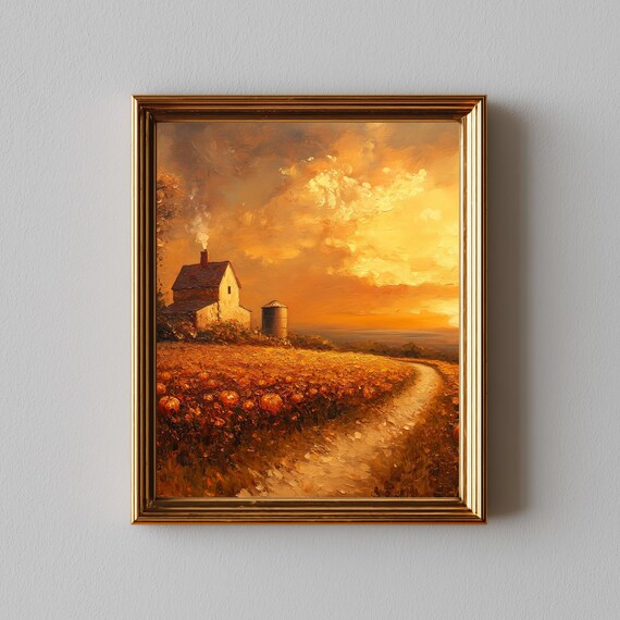 Rustic Pumpkin Patch Painting Vintage Autumn Farmhouse Art
