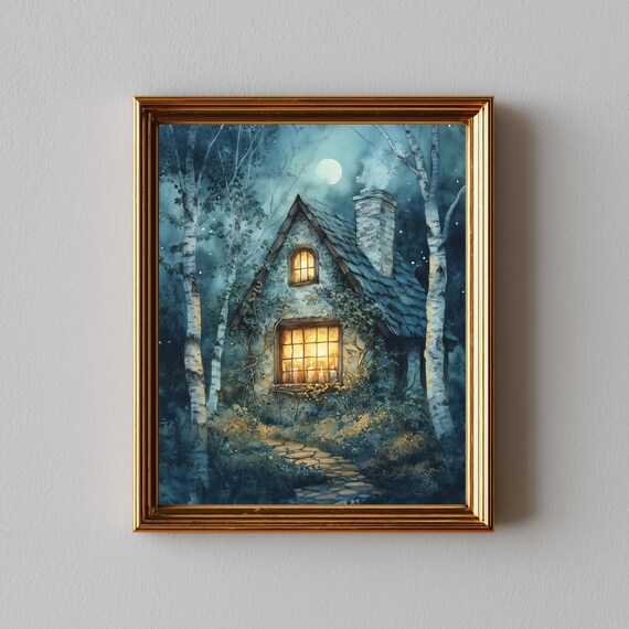 Moonlit Cottage Birch Forest Night Glowing Windows Cozy Wall Art