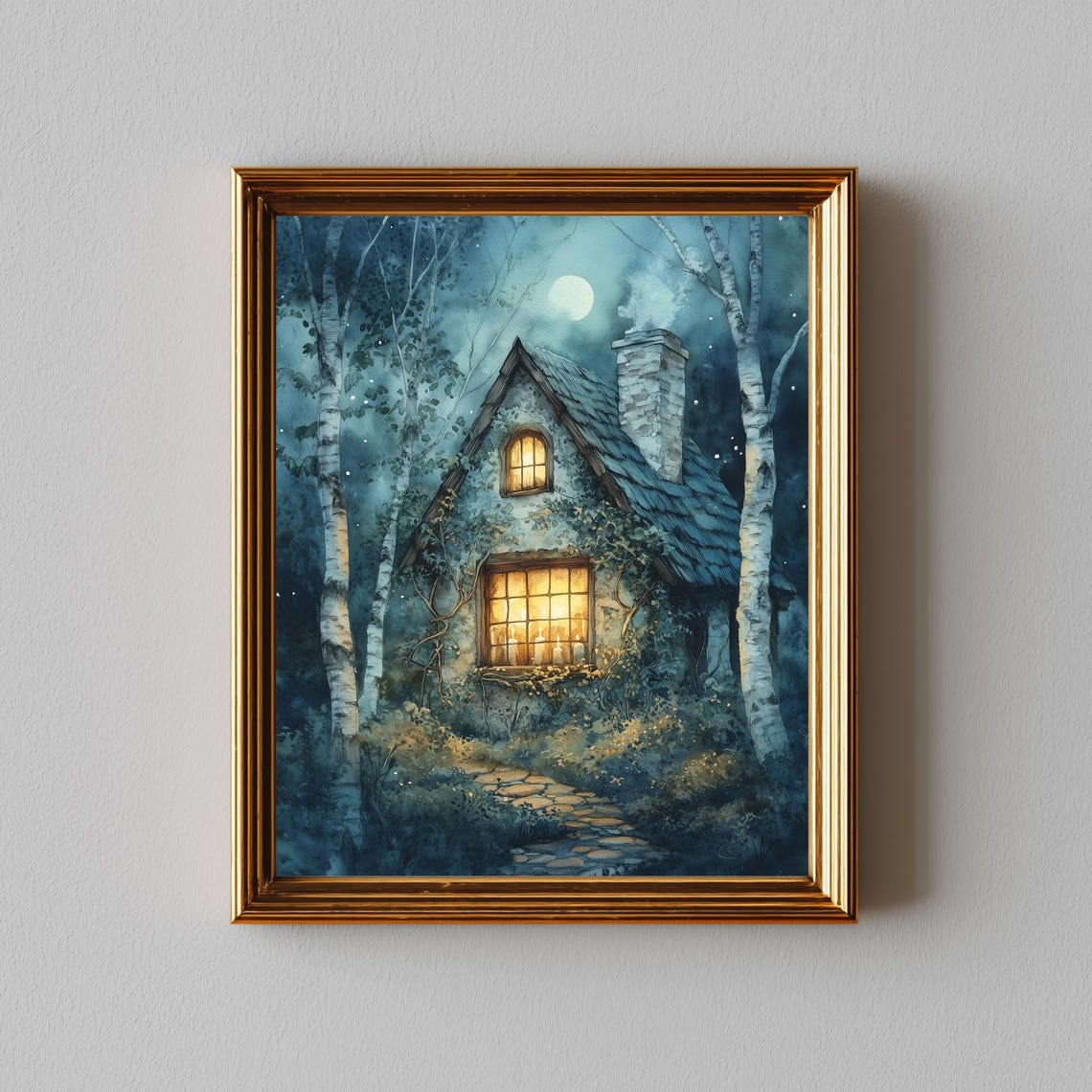 Moonlit Cottage Birch Forest Night Glowing Windows Cozy Wall Art