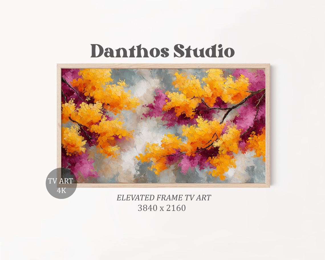 Vibrant Abstract Autumn Leaves Frame Tv Art Cozy Modern Botanical Painting Rich Colorful Fall Decor Textured 35