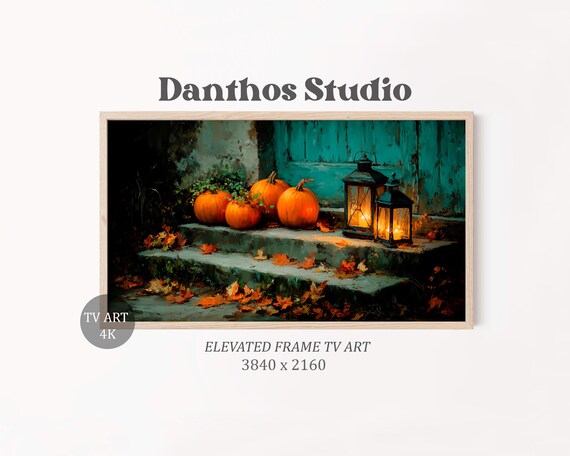 Rustic Farmhouse Pumpkin Art Autumn Porch Painting For Tv Moody Halloween Decor Rich Texture Frame 87