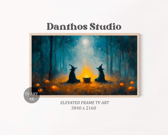 Spooky Moody Halloween Witches Tv Art Frame Decor With Forest And Pumpkins Magic Witch Painting Autumn 16