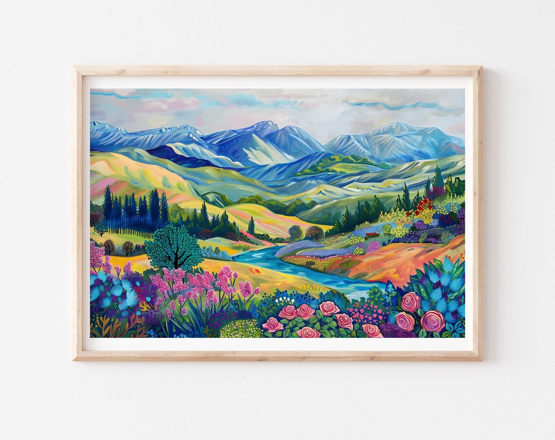 Blue Ranges Roses Floral Abstract Landscape Art Print