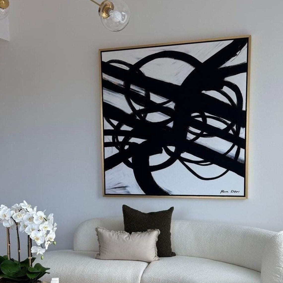 Bold Black Brushstroke Swirl Abstract Poster on a White Canvas