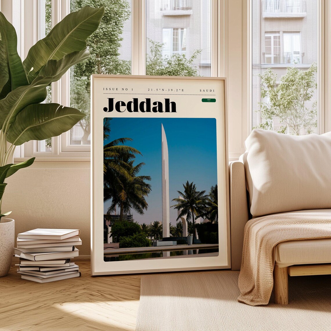 Jeddah Saudi Tall Fountain Monument With Palm Trees Travel Poster