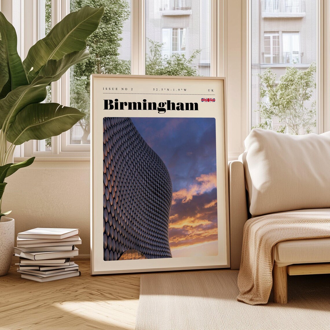 Birmingham England Futuristic Blue Facade Sunset Travel Poster