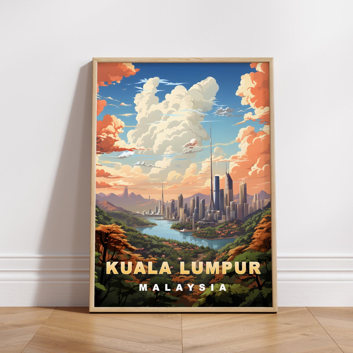 Kuala Lumpur Malaysia Sunset Lake Skyline Retro Travel Poster
