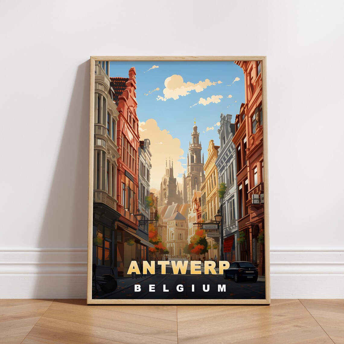 Antwerp Belgium Grand Street Cathedral Towers Autumn Travel Poster