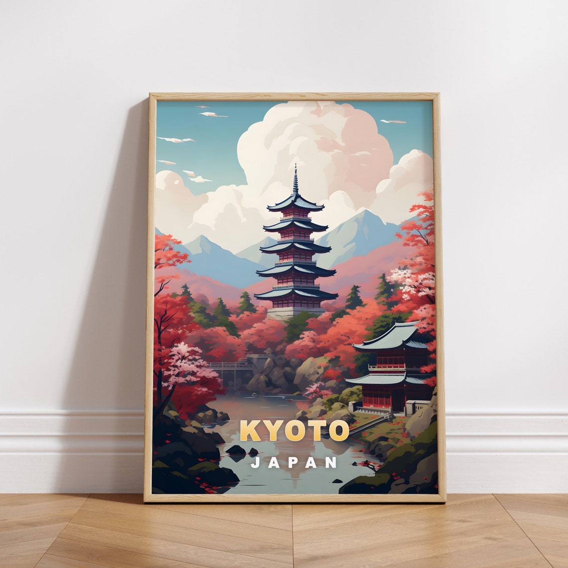 Kyoto Japan Pagoda Red Maple Pond Autumn Vintage Travel Poster