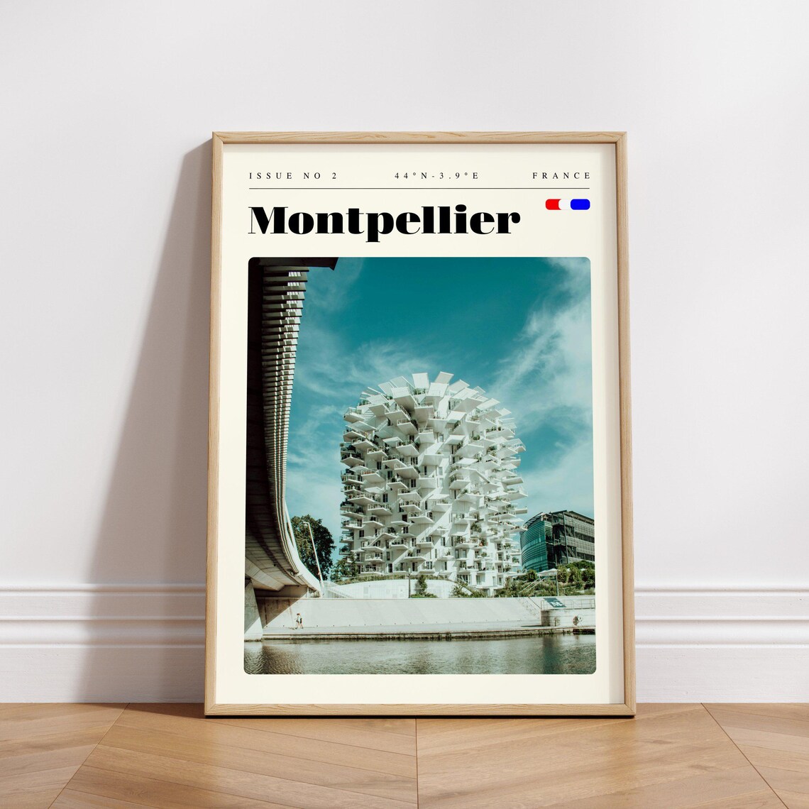 Montpellier France Modern Sculptural White Tower River Travel Poster - Image 3