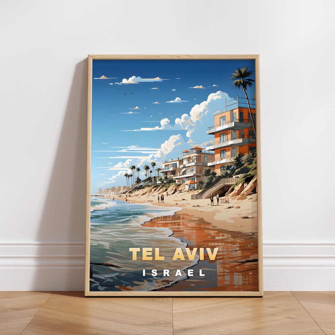 Tel Aviv Israel Beachfront Buildings Palms Retro Travel Poster